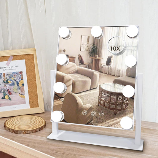 Hollywood Vanity Mirror with Lights, 9 Dimmable LED Bulbs Lighted Makeup Mirror with Detachable 10X Magnification Mirror, 1200mAh Rechargeable, 3 Color Lights, Gifts for Women Mom Teen Girls