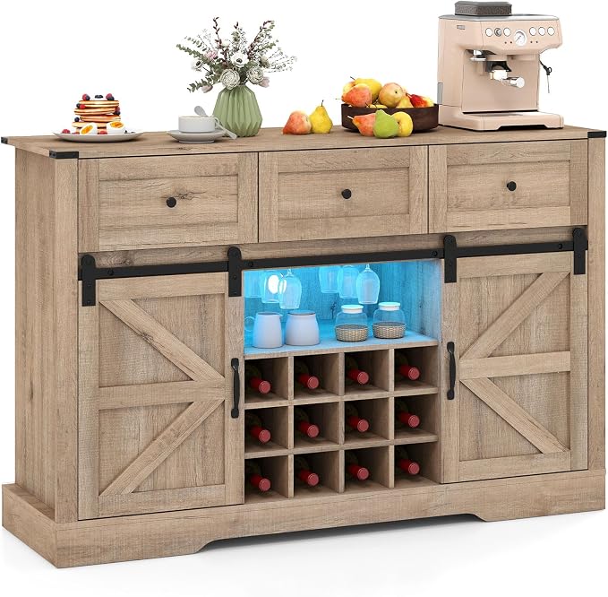 Giantex Wine Bar Cabinet with LED Lights, 3 Drawer, Adjustable Shelf, 12 Bottle by Giantex