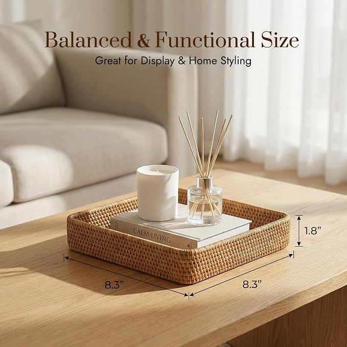 8.3" x 8.3" Wicker Tray, Woven Decorative Tray, Square Rattan Tray Bathroom - Image 2