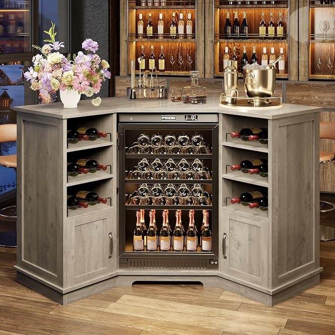 HSH Corner Bar Cabinet with Mini Fridge Space, Modern Wood Bar Cabinet with - Image 7