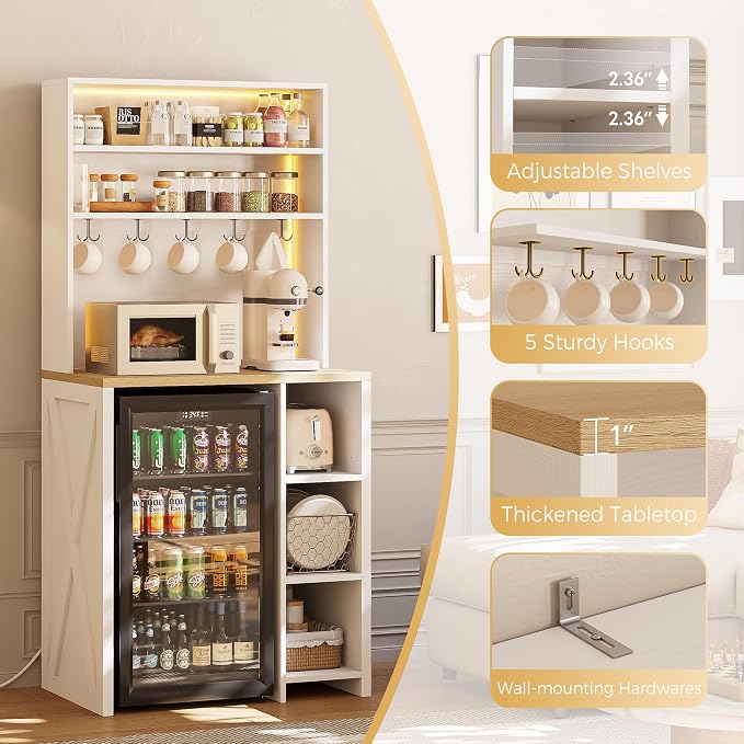 IRONCK Bakers Rack with Mini Fridge Space & Power Outlets, 69.3" Coffee Bar - Image 7