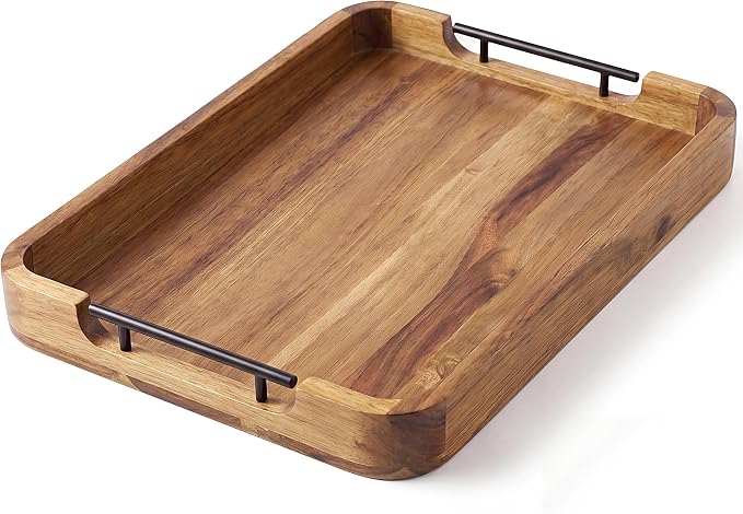 ZUJJAFY Serving Tray with Metal Handles, 17 x 13 in Acacia Wood Tray by ZUJJAFY