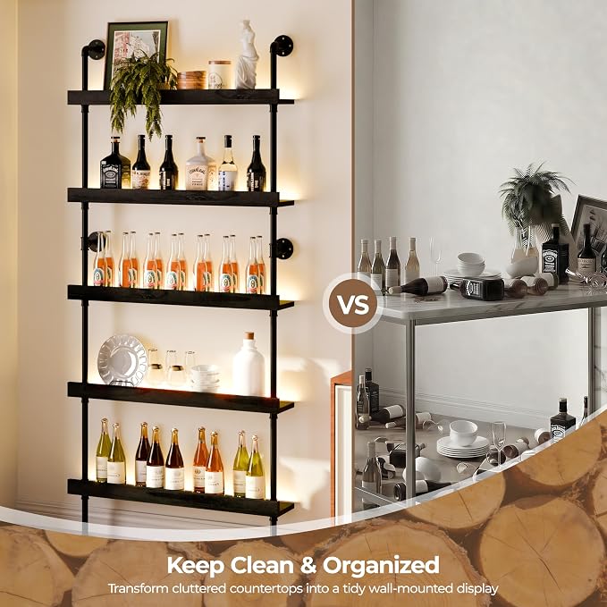 Wall Mounted Wine Rack with LED Light, LED Industrial Pipe Liquor Bar Shelves - Image 7
