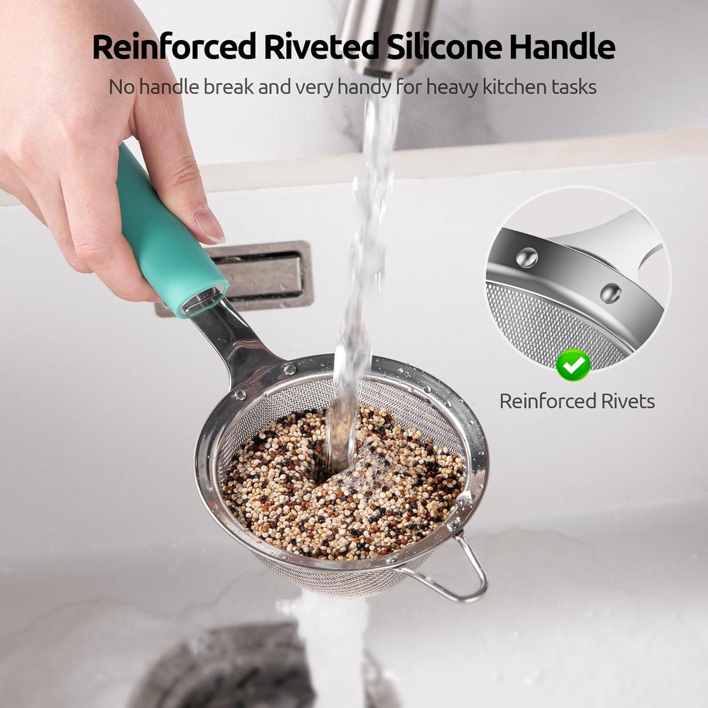 U-Taste Small Fine Mesh Strainer: 18/8 Stainless Steel 3.35in 30 Mesh Kitchen Food Sieve with Sturdy Riveted Silicone Handle, Heavy Duty Deep Handheld Metal Colander for Tea, Juice (Aqua Sky)