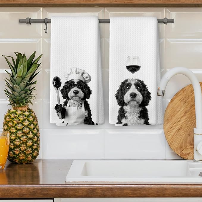 Funny Chef Bernedoodle Wine Kitchen Dish Towels, Bernedoodle Gifts - Image 4