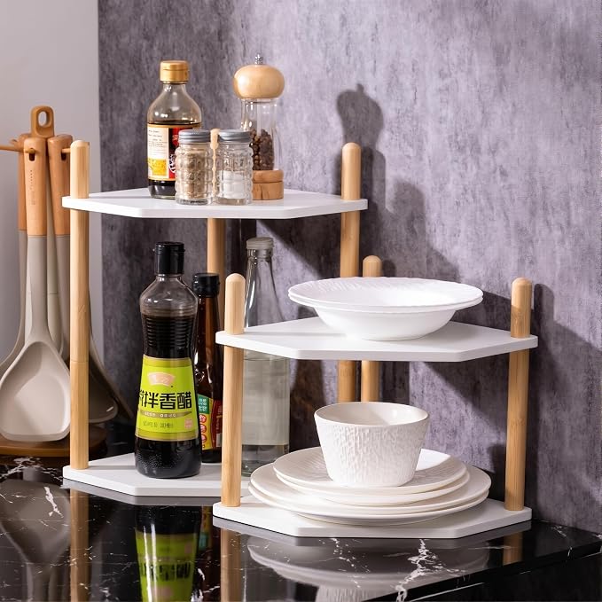 2-Tier Expandable Bamboo Corner Shelf - Image 3