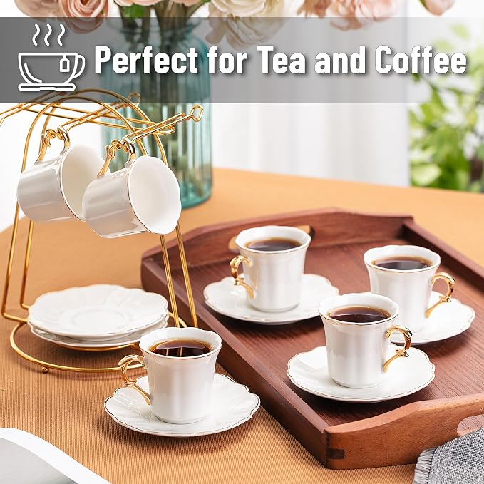 BTaT- Turkish Coffee Cup Set, 3 oz, 6 Set, Elegant White Cups & Saucers - Image 8