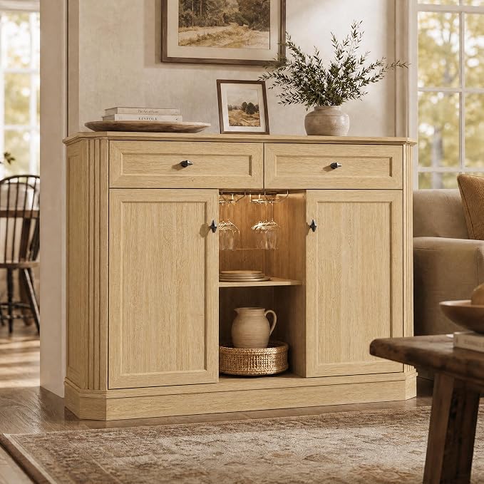 Natural Oak Coffee Bar with 2 Drawers & 2 Doors, LED Wine Bar Cabinet with Wine - Image 6