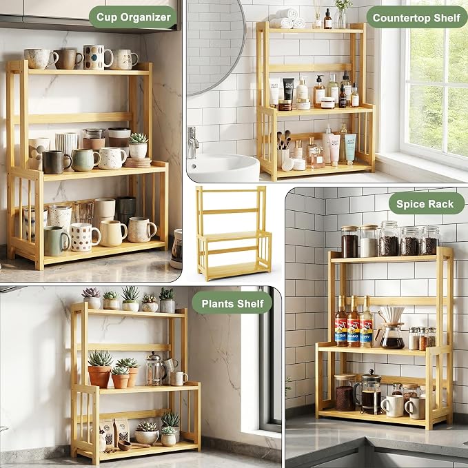Countertop Coffee Station Organizer, 3 Tier Bamboo Shelf - Image 5