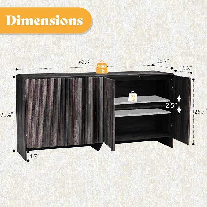 AMERLIFE 63" Fluted Sideboard Buffet Cabinet - Image 2