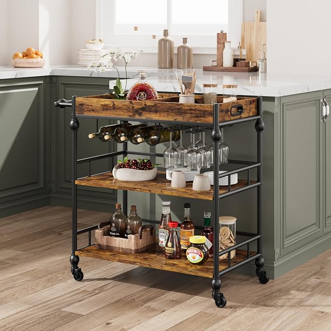 Garvee Bar Cart with Wheels, 3-Tier Rolling Serving Cart with Removable Tray - Image 2