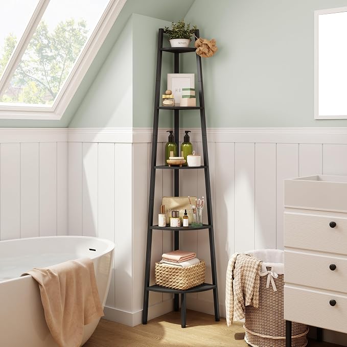 Hoctieon Corner Shelf, 5-Tier Corner Bookshelf, Rustic Ladder Shelf, Industrial - Image 6
