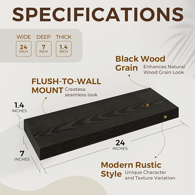 Dreamland 24 Inch Long Floating Shelves in Black, 6.7 Inch Deep Floating Shelf - Image 5