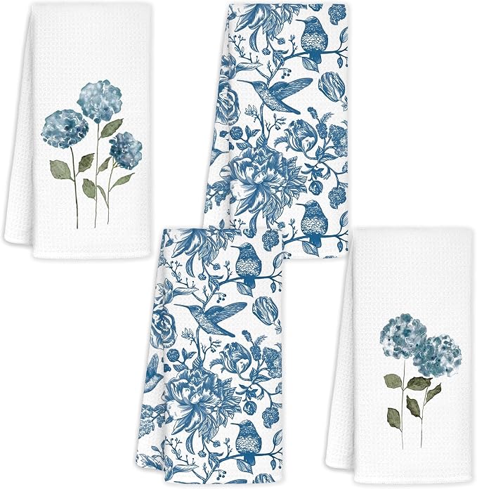 Blue Hydrangea Chinoiserie Floral Kitchen Towels Set of 2 by LoveandHome