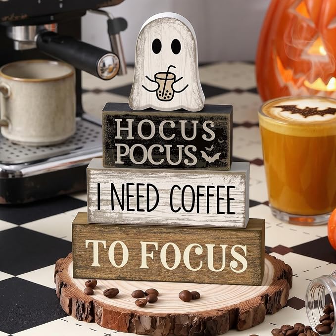 Lineshading 4 Pcs Halloween Coffee Table Decor Coffee Ghost Wooden Stack Block - Image 2
