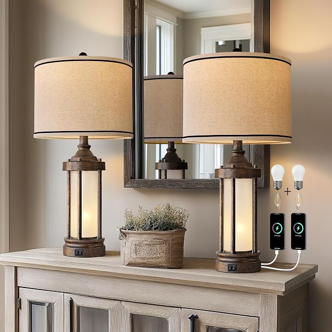 25'' Table Lamps Set of 2 for Living Room Bedroom Farmhouse Metal Lamps - Image 2