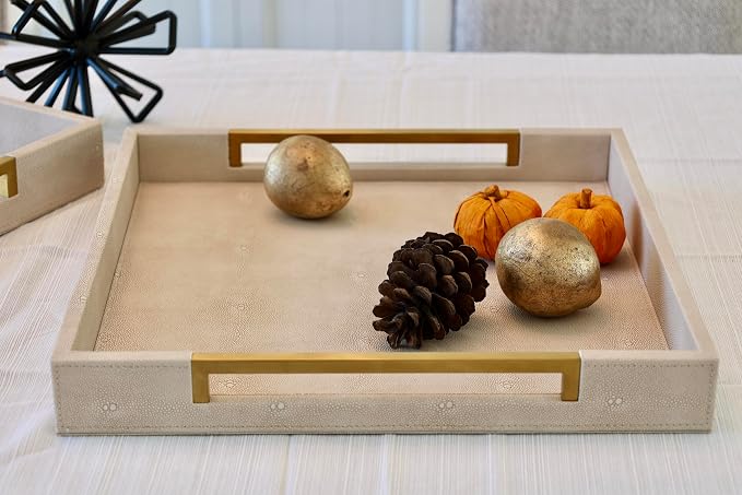Sagala 16”x16 Ivory Shagreen Leather Serving Tray - Image 5