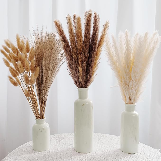 Pampas Grass with Vase Set – 3 Beige White Ceramic Vases with Natural Dried - Image 7
