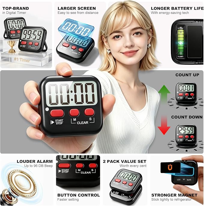 Antonki 2 Pack Digital Timer for Kids, Magnetic Countdown Kitchen Timers for - Image 4