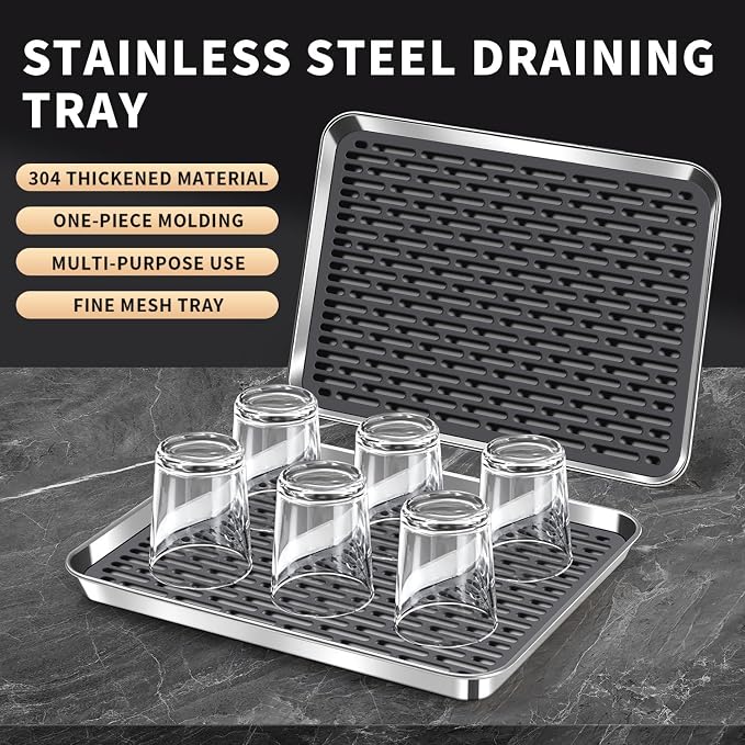 Stainless Steel Drain Tray, Cup & Dish Drying Rack, Drain Board 2 Tier Non Slip - Image 7