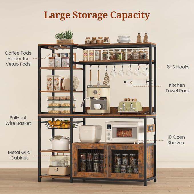 47.2 in Bakers Rack with Power Outlet & LED Light, Coffee Bar with Coffee Pod - Image 5
