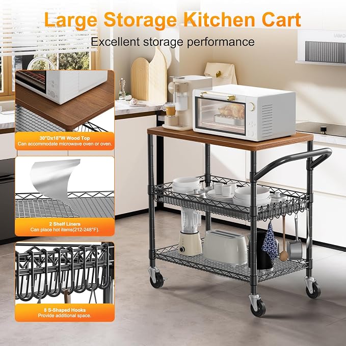NTE Rolling Kitchen Carts on Wheels, 650Lbs Capacity 3 Tier Utility Cart - Image 4