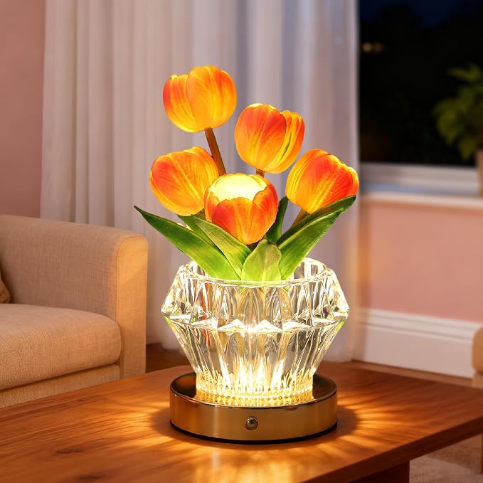 Tulip Flower Lamp with Diamond Vase, 3 Color LED Night Light, Dimmable Touch - Image 8