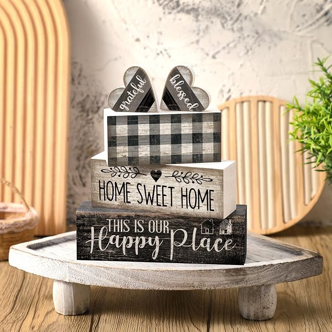 Moucuny 4 Pcs Farmhouse Kitchen Decor Black and White Farmhouse Tiered Tray - Image 2