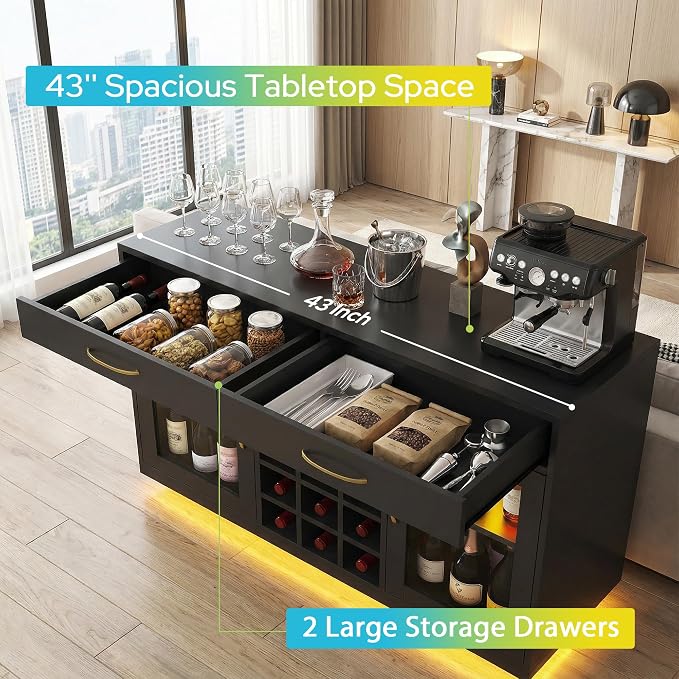 knoworld Wine Bar Cabinet with LED Lights, Coffee Bar Cabinet with Glass Rack - Image 6