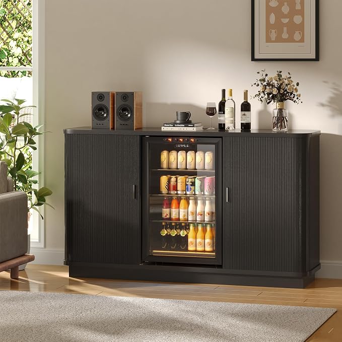 Coffee Bar Cabinet with Fridge Space, Liquor Wine Bar Cabinets with Wine Rack - Image 9