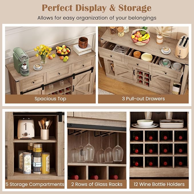 Giantex Wine Bar Cabinet with LED Lights, 3 Drawer, Adjustable Shelf, 12 Bottle - Image 6