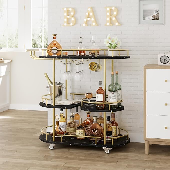 Garvee Bar Serving Cart with Wine Rack and Glass Holder, 3-Tier Rolling Serving by Garvee
