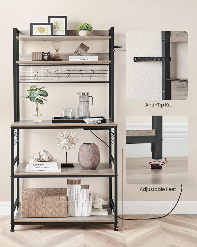 VASAGLE Bakers Rack with Power Outlet, Microwave Stand, Kitchen Tall Utility - Image 4