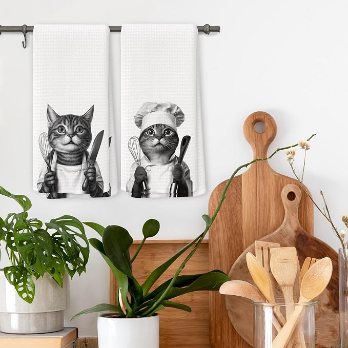 Funny Chef Cat Kitchen Towels Set of 2, Cat Mom Lady Lovers Owner Gifts - Image 2