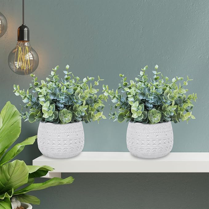Winlyn Set of 2 Small Artificial Potted Plants Faux Eucalyptus Plant in White - Image 5