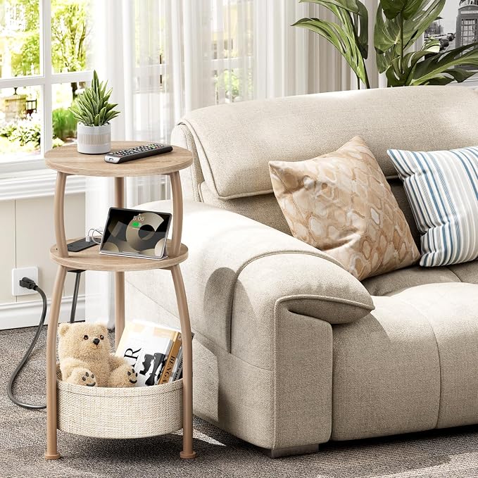 Side Table with Charging Station, Small Round End Table with Basket, USB and - Image 5