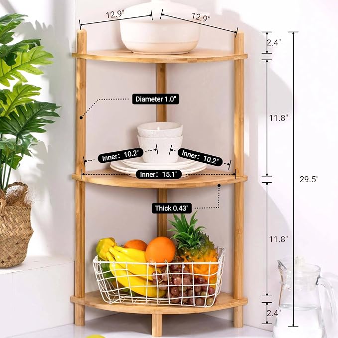 3-Tier Expandable Bamboo Corner Shelf Stand, Corner Bookshelf, Display Storage - Image 2
