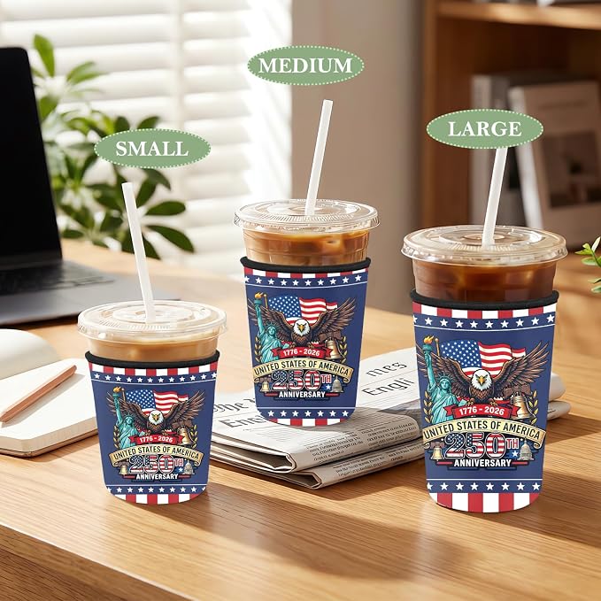 3 Pack Reusable Insulated Neoprene Iced Coffee Cup Sleeve 250th Anniversary USA - Image 8