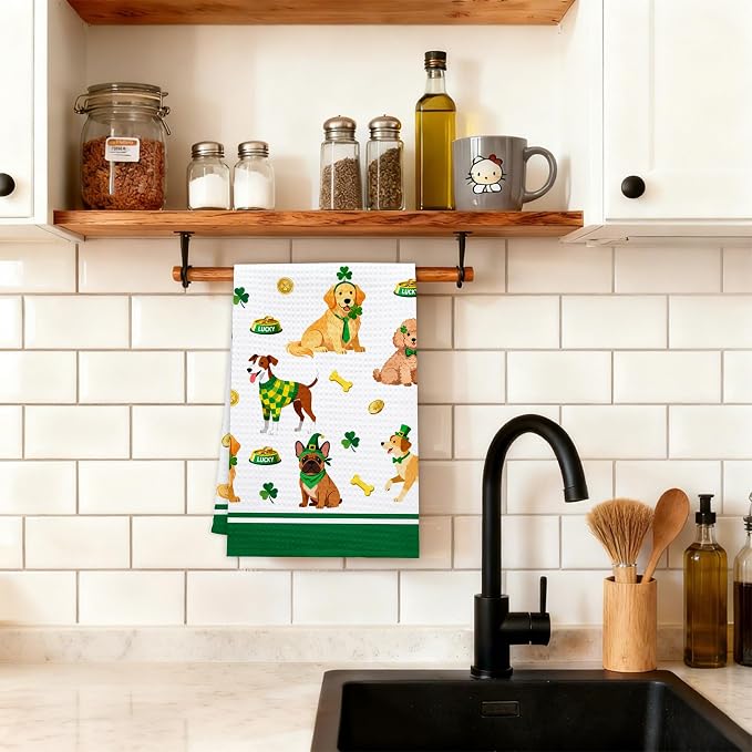 St Patrick Dog Kitchen Towels, Dog Shamrock Dish Towels, Lucky Clover Absorbent - Image 3