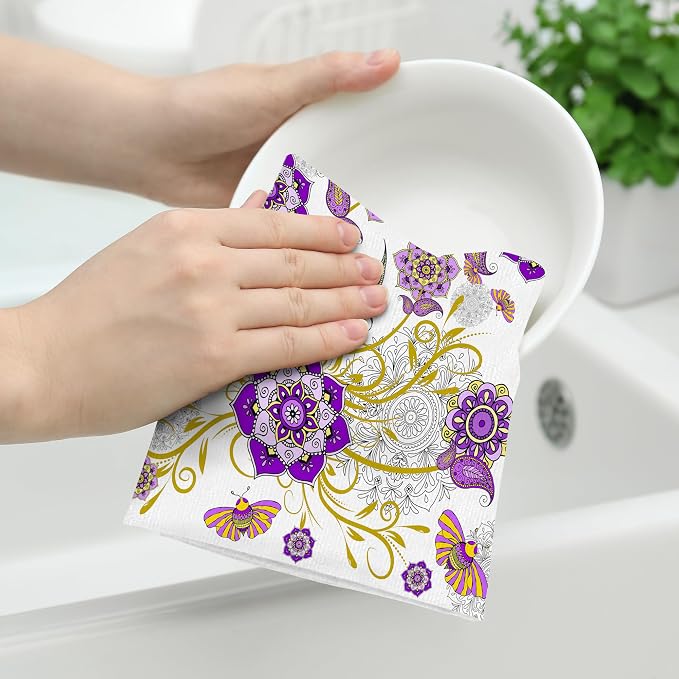 Purple Kitchen Towels Set of 2, Boho Floral Dish Towel - Image 3