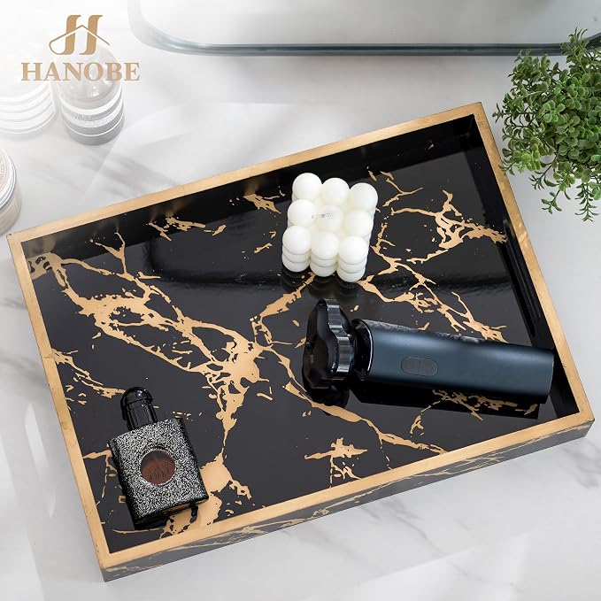 Hanobe Decorative Serving Tray Black: Imitation Marble Coffee Table Tray Decor - Image 3