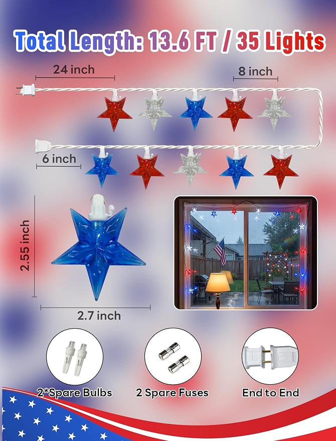 35 LED Patriotic Star String Lights, 13.6FT 4th of July Red White and Blue - Image 2