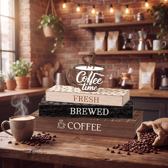 Amyhill 4 Pcs Wooden Coffee Bars Table Decorations, Wood Coffee Mug Sign - Image 2