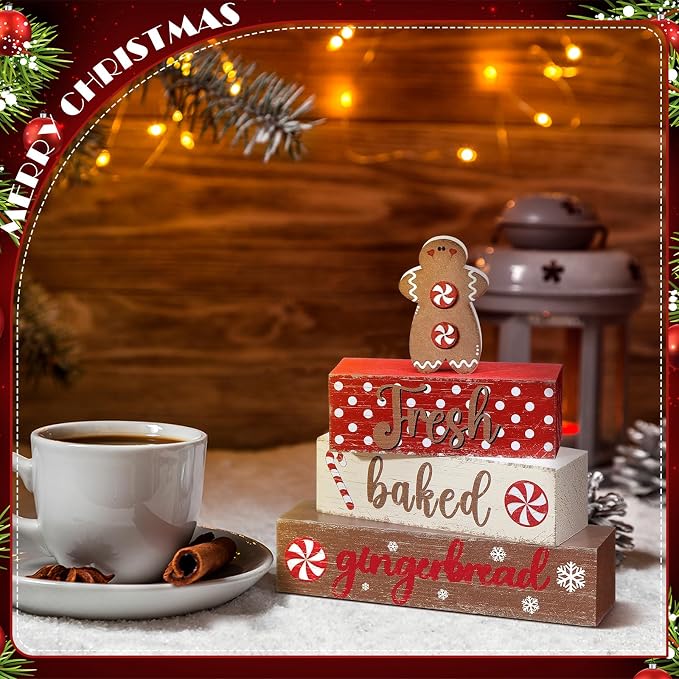 Geelin 4 Pcs Wooden Christmas Tabletop Decor Gingerbread Man Tiered Tray Decor - Image 2