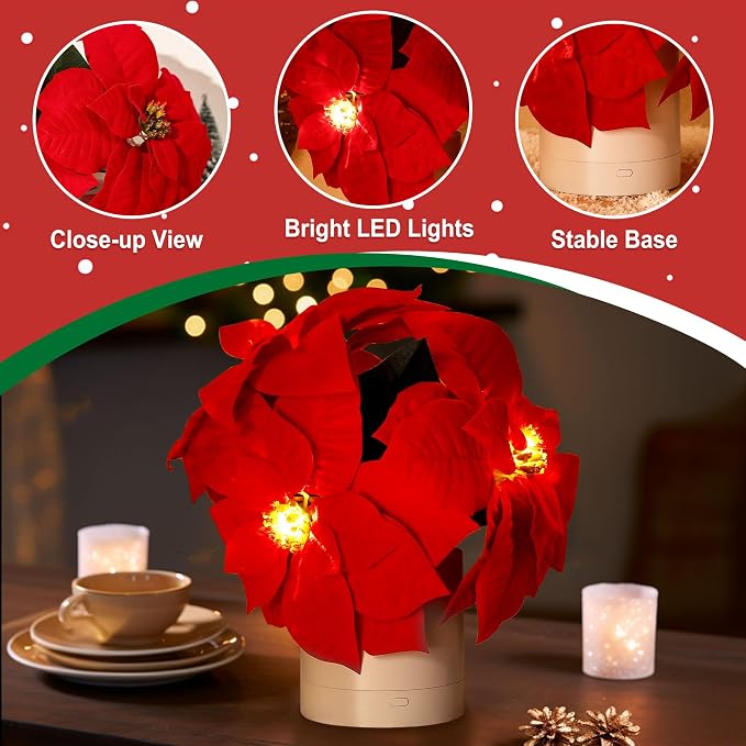 WSYEAR Red Poinsettias Artificial Christmas Flowers Lamp - Image 4