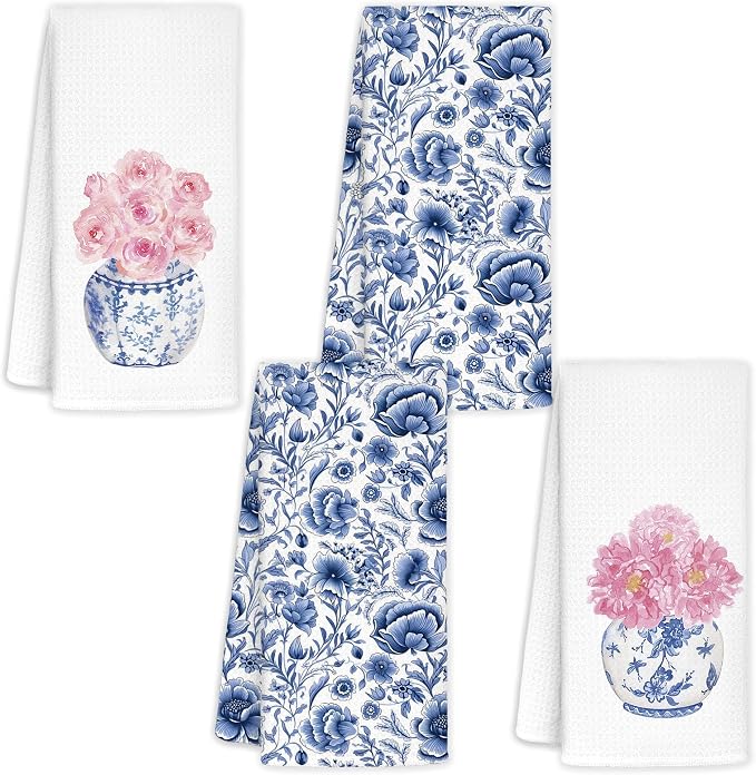 Blue and White Chinoiserie Pink Rose Flowers Floral Kitchen Towels Set of 2 by LoveandHome