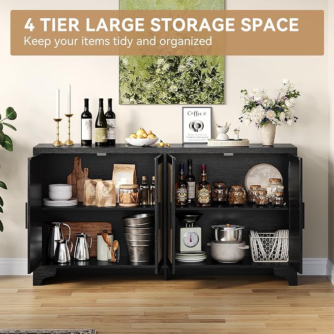 GarveeHome 4-Door Sideboard Buffet Cabinet, Natural Rattan Storage Cabinet - Image 4