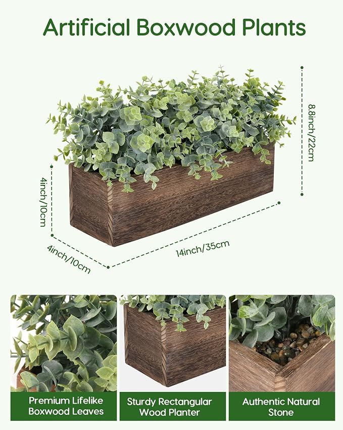 Velener 14" Artificial Eucalyptus Plants in Rustic Rectangular Wooden Planter - Image 2