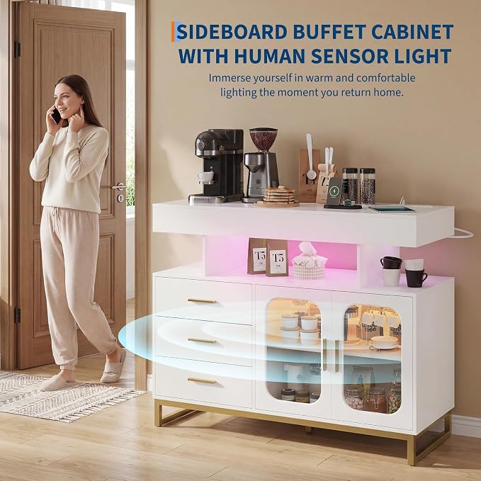 40" LED Buffet Cabinet with Charging Station, Smart Sideboard with RGB 16-Color - Image 6