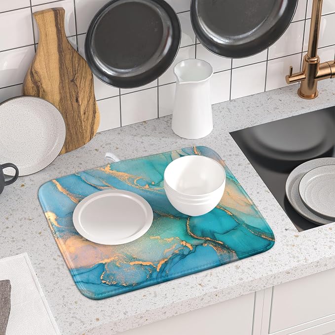Marble Dish Drying Mat for Kitchen Counter Blue Teal Turquoise Gold Drying Mat - Image 6